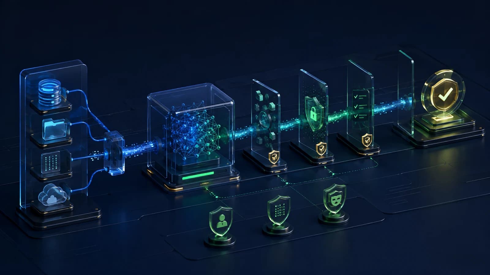 AI 数据影响评估:上线前回答十个问题的深色企业工作台、流程卡片与评估矩阵