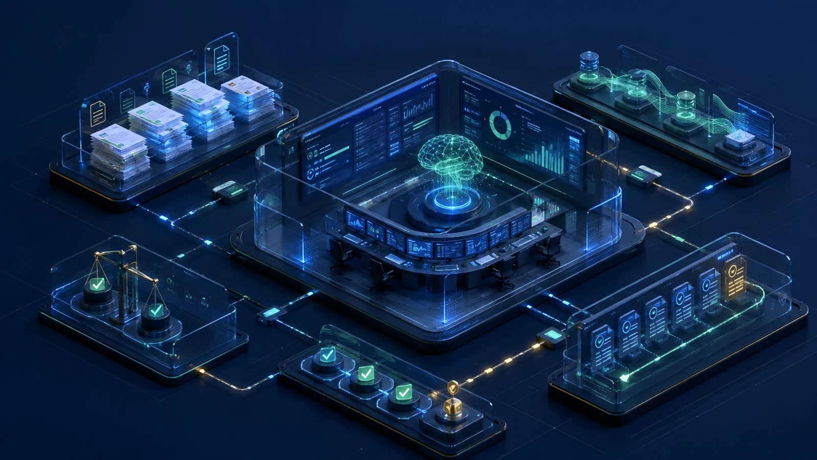 财务关账中的 AI:自动化必须保留哪些控制的深色企业工作台、流程卡片与评估矩阵