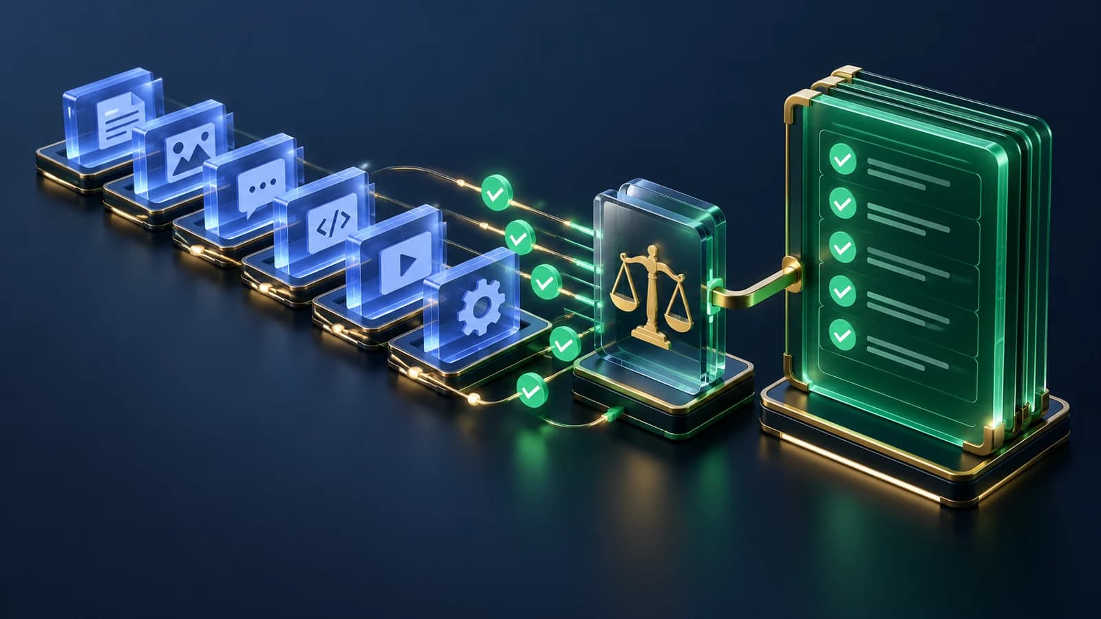 批量AI任务如何逐条对账的深蓝色等距企业流程示意插画;非真实现场照片